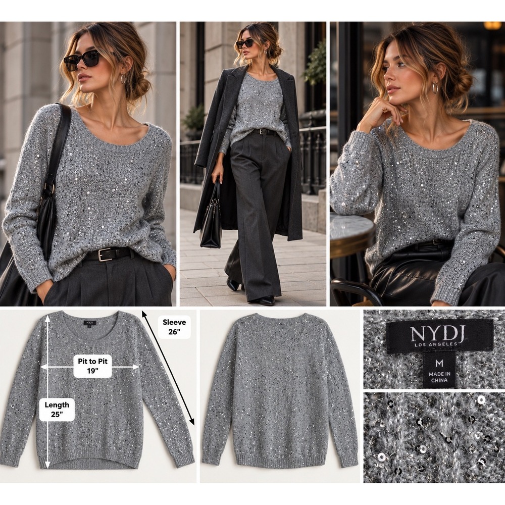 NYDJ Sequin Sweater M Silver Mohair Metallic Knit 2010s Party Model Off Duty